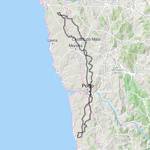 Miniatura do mapa de inspiração para ciclismo "Caminho entre Mindelo e Vila Nova de Gaia" em Norte, Portugal. Gerado pelo planejador de rotas de ciclismo Tarmacs.app