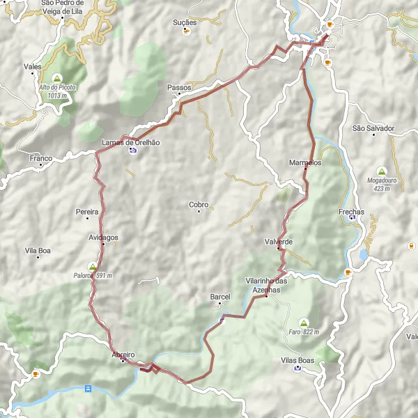 Map miniature of "Marmelos Gravel Adventure" cycling inspiration in Norte, Portugal. Generated by Tarmacs.app cycling route planner