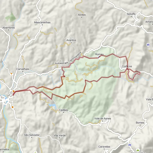 Map miniature of "Mirandela Gravel Loop" cycling inspiration in Norte, Portugal. Generated by Tarmacs.app cycling route planner