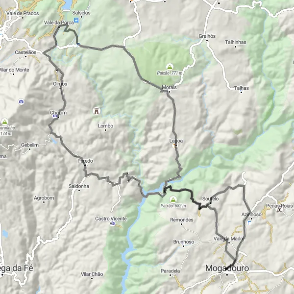Miniatura do mapa de inspiração para ciclismo "Exploração de Morais e Cabeço da Cruz" em Norte, Portugal. Gerado pelo planejador de rotas de ciclismo Tarmacs.app