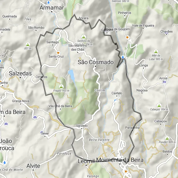 Miniatura do mapa de inspiração para ciclismo "Rota de Cimbres e Granja do Tedo" em Norte, Portugal. Gerado pelo planejador de rotas de ciclismo Tarmacs.app