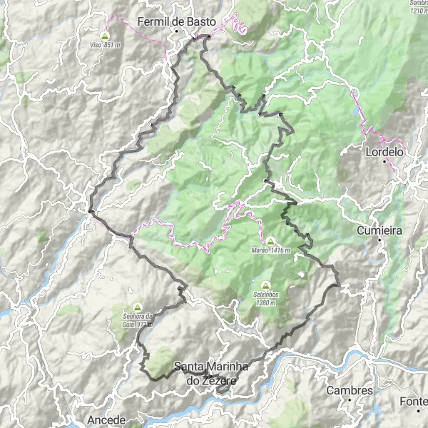 Miniatura do mapa de inspiração para ciclismo "Rota dos Miradouros de Mondim" em Norte, Portugal. Gerado pelo planejador de rotas de ciclismo Tarmacs.app