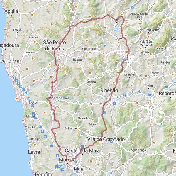 Miniatura do mapa de inspiração para ciclismo "Rota de ciclismo em gravel nas proximidades de Moreira" em Norte, Portugal. Gerado pelo planejador de rotas de ciclismo Tarmacs.app