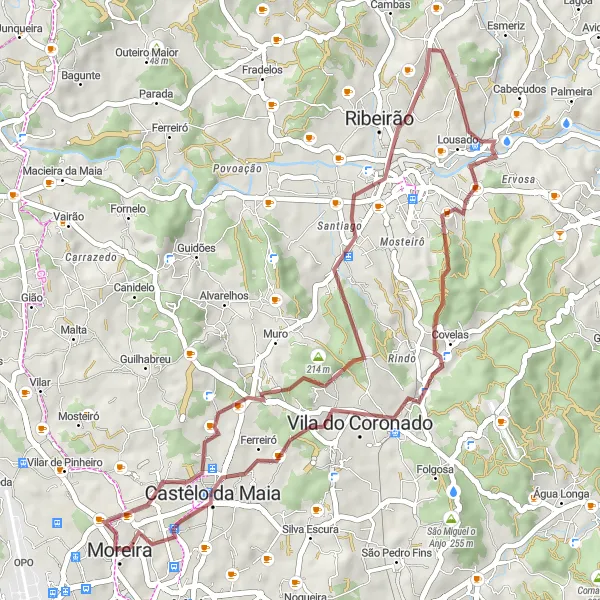 Miniatura do mapa de inspiração para ciclismo "Aventura natural por Avioso e Lousado" em Norte, Portugal. Gerado pelo planejador de rotas de ciclismo Tarmacs.app