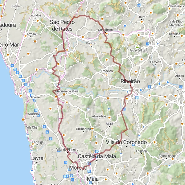 Miniatura do mapa de inspiração para ciclismo "Rota de ciclismo em gravel com partida em Moreira" em Norte, Portugal. Gerado pelo planejador de rotas de ciclismo Tarmacs.app