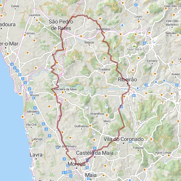 Map miniature of "Pelourinho de Rates Gravel Route" cycling inspiration in Norte, Portugal. Generated by Tarmacs.app cycling route planner