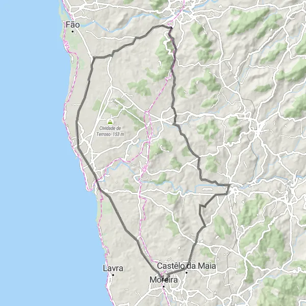 Miniatura do mapa de inspiração para ciclismo "Volta panorâmica por Modivas e Fradelos" em Norte, Portugal. Gerado pelo planejador de rotas de ciclismo Tarmacs.app