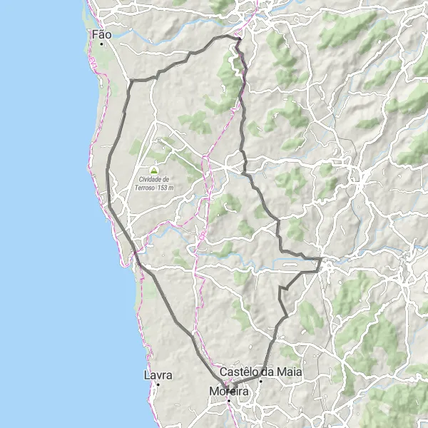 Map miniature of "North Coastal Beauty Road Cycling" cycling inspiration in Norte, Portugal. Generated by Tarmacs.app cycling route planner