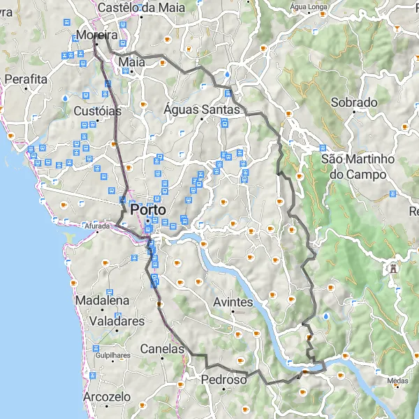 Map miniature of "Coastal and Riverside Road Adventure" cycling inspiration in Norte, Portugal. Generated by Tarmacs.app cycling route planner