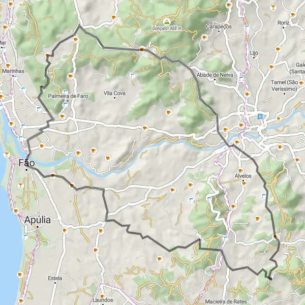 Miniatura do mapa de inspiração para ciclismo "Rota Costeira de Barqueiros a Remelhe" em Norte, Portugal. Gerado pelo planejador de rotas de ciclismo Tarmacs.app