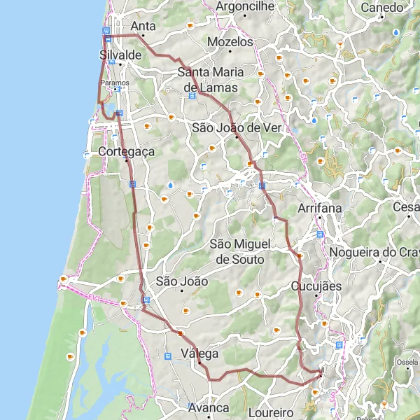 Miniatura do mapa de inspiração para ciclismo "Exploração de 61 km em rotas de cascalho" em Norte, Portugal. Gerado pelo planejador de rotas de ciclismo Tarmacs.app