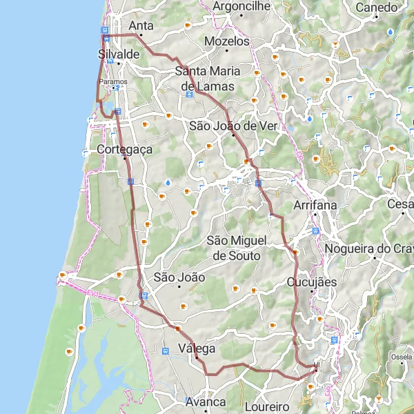 Map miniature of "Gravel Adventure: Ovar to Santa Maria da Feira" cycling inspiration in Norte, Portugal. Generated by Tarmacs.app cycling route planner