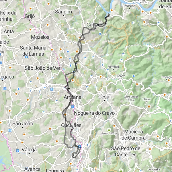 Miniatura do mapa de inspiração para ciclismo "Jornada desafiadora de 71 km com 1341 m de subida" em Norte, Portugal. Gerado pelo planejador de rotas de ciclismo Tarmacs.app