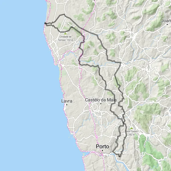 Miniatura do mapa de inspiração para ciclismo "Passeio por São Pedro Fins e Ermesinde" em Norte, Portugal. Gerado pelo planejador de rotas de ciclismo Tarmacs.app