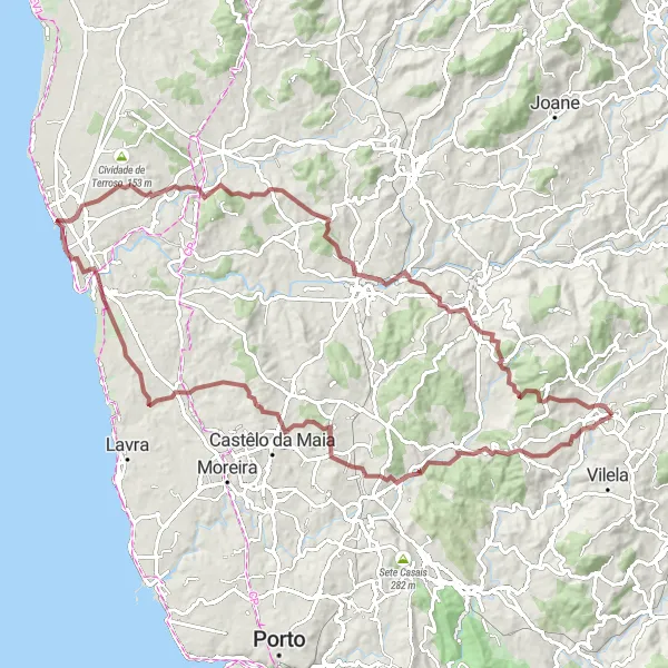 Miniatura do mapa de inspiração para ciclismo "Rota de Ciclismo em Gravel com 98km perto de Paços de Ferreira" em Norte, Portugal. Gerado pelo planejador de rotas de ciclismo Tarmacs.app