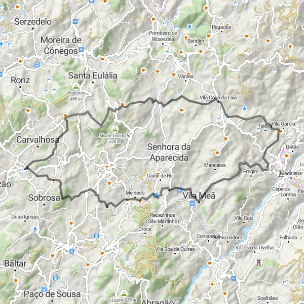 Miniatura do mapa de inspiração para ciclismo "Rota de Ciclismo em Estrada com 76km perto de Paços de Ferreira" em Norte, Portugal. Gerado pelo planejador de rotas de ciclismo Tarmacs.app