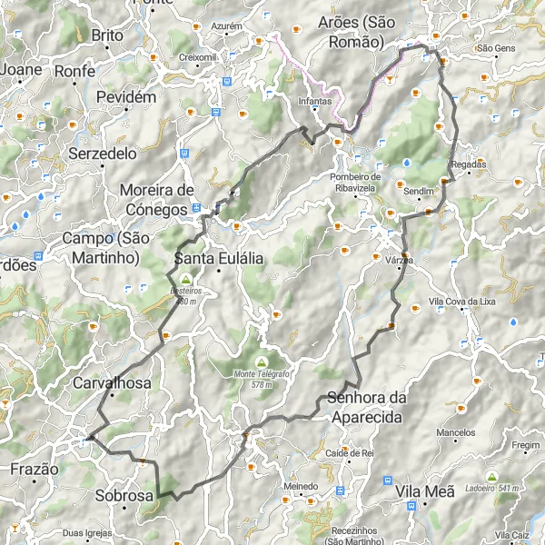 Miniatura do mapa de inspiração para ciclismo "Rota de Ciclismo em Estrada com 77km perto de Paços de Ferreira" em Norte, Portugal. Gerado pelo planejador de rotas de ciclismo Tarmacs.app