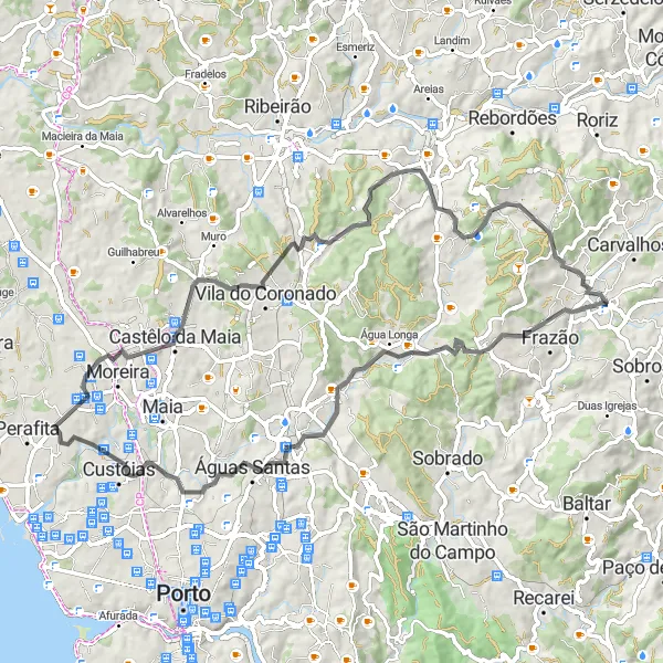 Miniatura do mapa de inspiração para ciclismo "Rota de Ciclismo em Estrada com 77km perto de Paços de Ferreira" em Norte, Portugal. Gerado pelo planejador de rotas de ciclismo Tarmacs.app