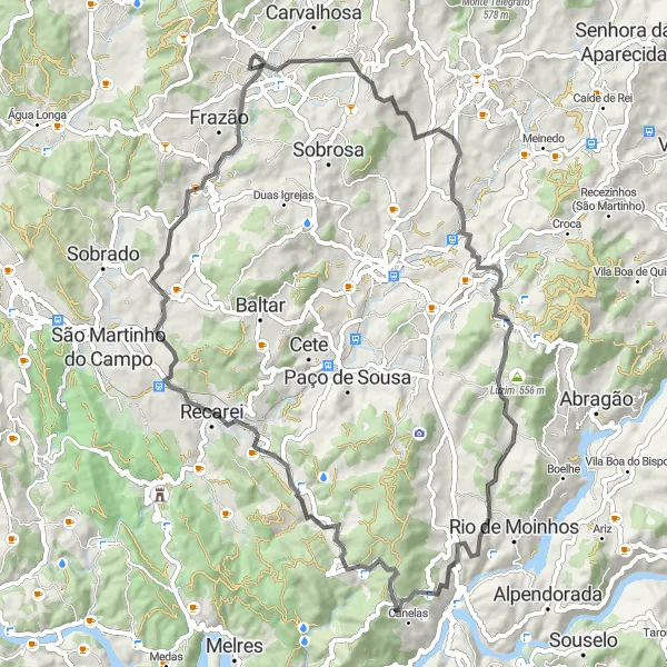 Miniatura do mapa de inspiração para ciclismo "Rota das Colinas" em Norte, Portugal. Gerado pelo planejador de rotas de ciclismo Tarmacs.app