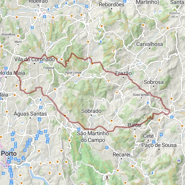 Miniatura do mapa de inspiração para ciclismo "Rota dos Caminhos de Gravel de Paredes" em Norte, Portugal. Gerado pelo planejador de rotas de ciclismo Tarmacs.app