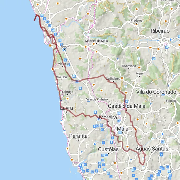 Miniatura do mapa de inspiração para ciclismo "Rota de Gravel Miradouro da Reserva Ornitológica de Mindelo" em Norte, Portugal. Gerado pelo planejador de rotas de ciclismo Tarmacs.app