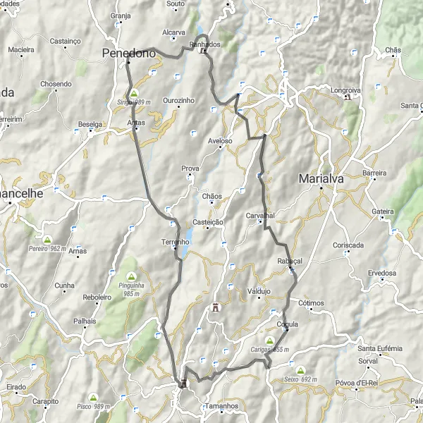 Map miniature of "Road Tour through Rabaçal and Trancoso" cycling inspiration in Norte, Portugal. Generated by Tarmacs.app cycling route planner