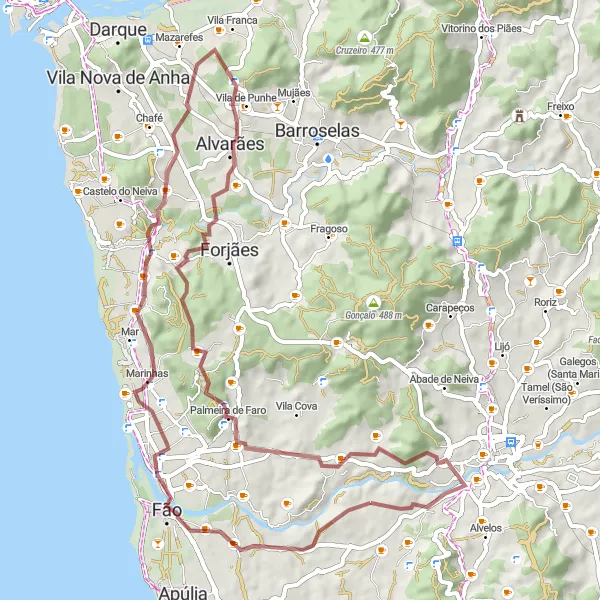 Miniatura do mapa de inspiração para ciclismo "Costa Atlântica" em Norte, Portugal. Gerado pelo planejador de rotas de ciclismo Tarmacs.app