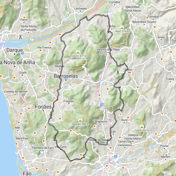 Miniatura do mapa de inspiração para ciclismo "Exploração Rural" em Norte, Portugal. Gerado pelo planejador de rotas de ciclismo Tarmacs.app