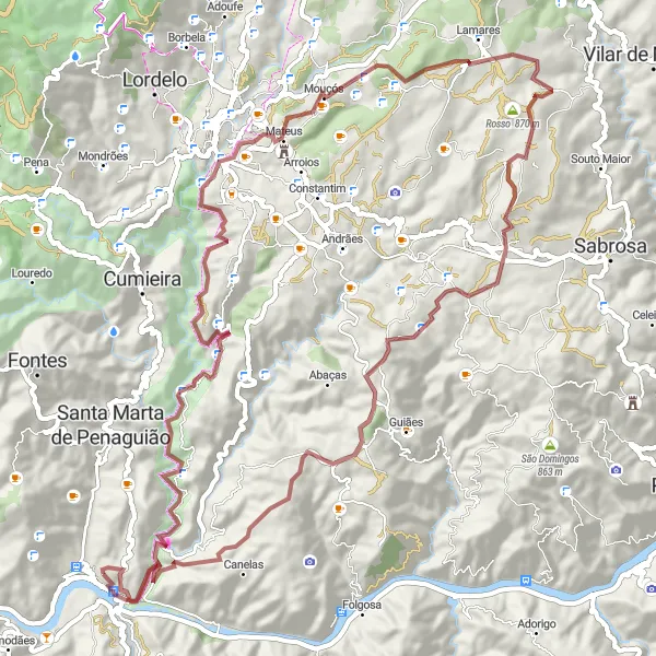 Miniatura do mapa de inspiração para ciclismo "Entre Margens e Montanhas" em Norte, Portugal. Gerado pelo planejador de rotas de ciclismo Tarmacs.app
