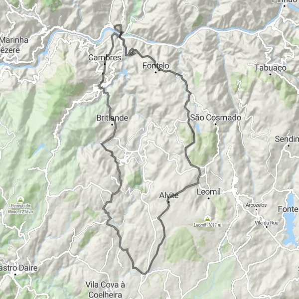 Map miniature of "The Heritage Route" cycling inspiration in Norte, Portugal. Generated by Tarmacs.app cycling route planner