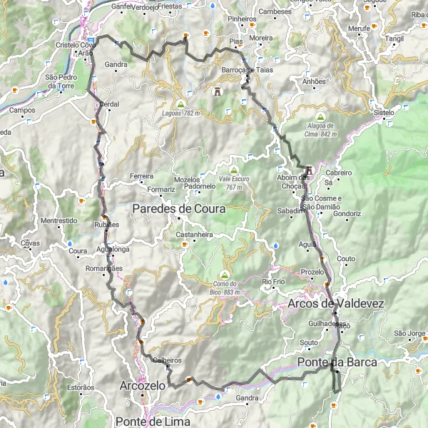 Miniatura do mapa de inspiração para ciclismo "Rota Cênica através do Alto Minho" em Norte, Portugal. Gerado pelo planejador de rotas de ciclismo Tarmacs.app