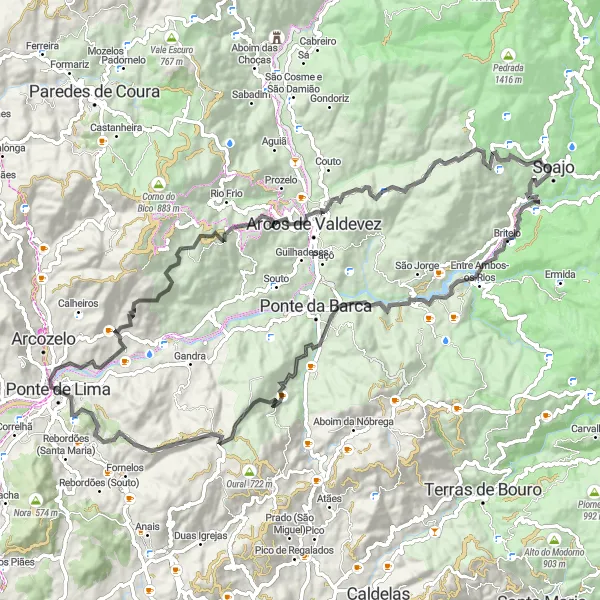 Miniatura do mapa de inspiração para ciclismo "Rota dos Miradouros e Aldeias Históricas" em Norte, Portugal. Gerado pelo planejador de rotas de ciclismo Tarmacs.app