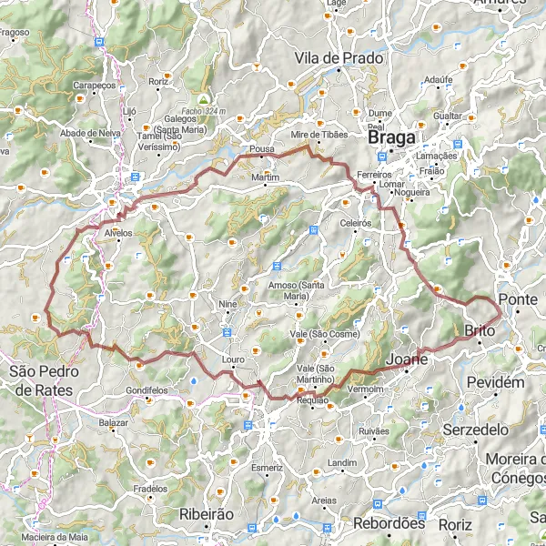 Miniatura do mapa de inspiração para ciclismo "Rota de Brito e Pousa" em Norte, Portugal. Gerado pelo planejador de rotas de ciclismo Tarmacs.app
