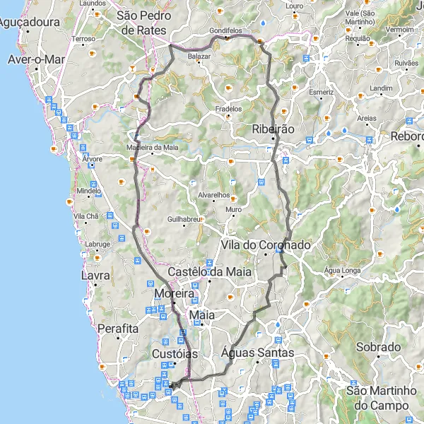 Miniatura do mapa de inspiração para ciclismo "Rota Road Costa Norte Express" em Norte, Portugal. Gerado pelo planejador de rotas de ciclismo Tarmacs.app