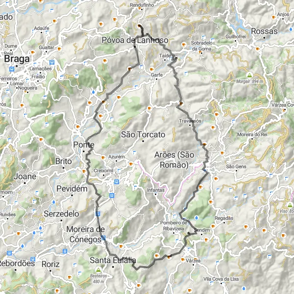 Miniatura do mapa de inspiração para ciclismo "Rota cênica de 86km pela região de Póvoa de Lanhoso" em Norte, Portugal. Gerado pelo planejador de rotas de ciclismo Tarmacs.app