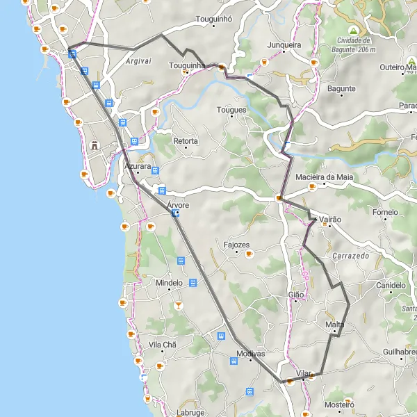 Miniatura do mapa de inspiração para ciclismo "Caminho Marítimo" em Norte, Portugal. Gerado pelo planejador de rotas de ciclismo Tarmacs.app