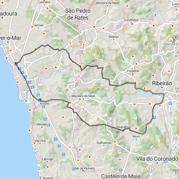 Miniatura do mapa de inspiração para ciclismo "Circuito Cultural de Póvoa de Varzim" em Norte, Portugal. Gerado pelo planejador de rotas de ciclismo Tarmacs.app