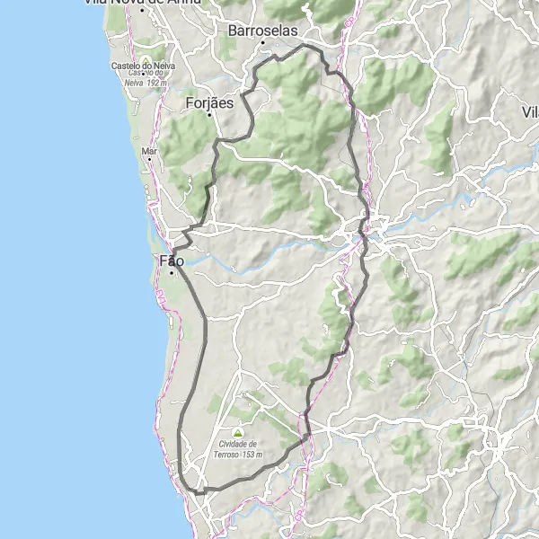 Miniatura do mapa de inspiração para ciclismo "Circuito Costa Verde" em Norte, Portugal. Gerado pelo planejador de rotas de ciclismo Tarmacs.app