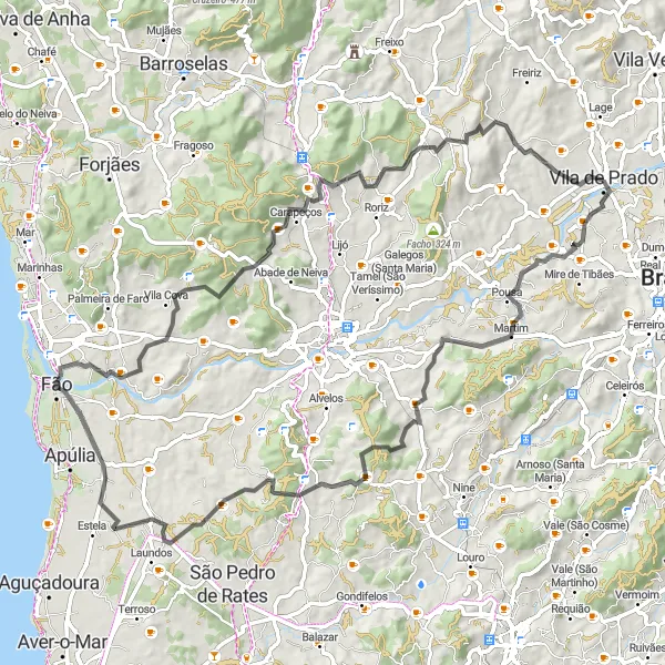 Miniatura do mapa de inspiração para ciclismo "Rota Pelourinho do Prado" em Norte, Portugal. Gerado pelo planejador de rotas de ciclismo Tarmacs.app