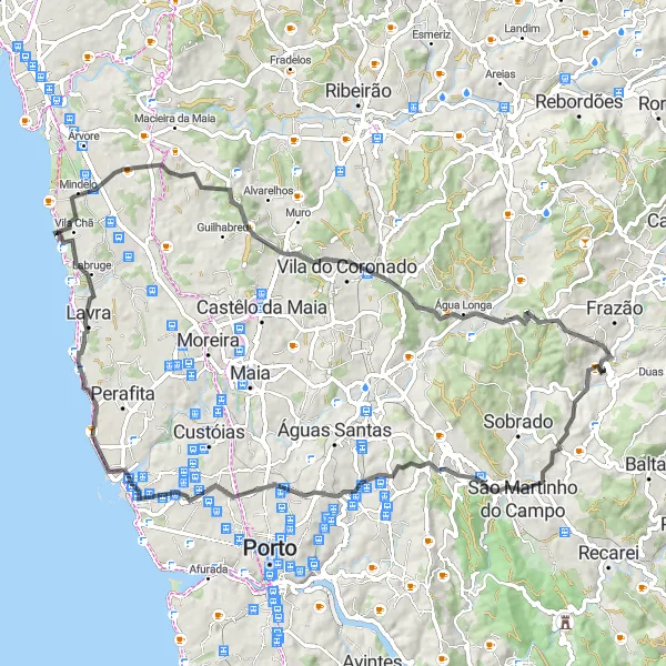 Miniatura do mapa de inspiração para ciclismo "Rota Costeira de Matosinhos a Fajozes" em Norte, Portugal. Gerado pelo planejador de rotas de ciclismo Tarmacs.app