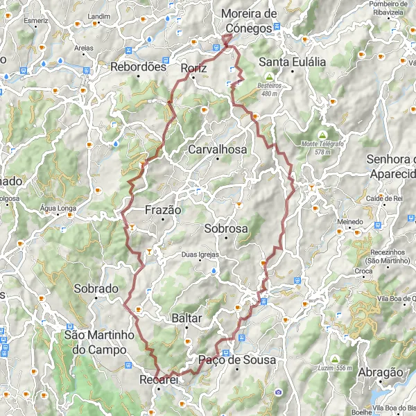 Miniatura do mapa de inspiração para ciclismo "Rota Gravel de Recarei" em Norte, Portugal. Gerado pelo planejador de rotas de ciclismo Tarmacs.app