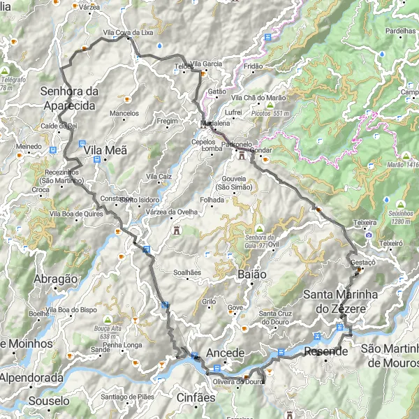 Miniatura do mapa de inspiração para ciclismo "Rota da Ribeira de Aião" em Norte, Portugal. Gerado pelo planejador de rotas de ciclismo Tarmacs.app