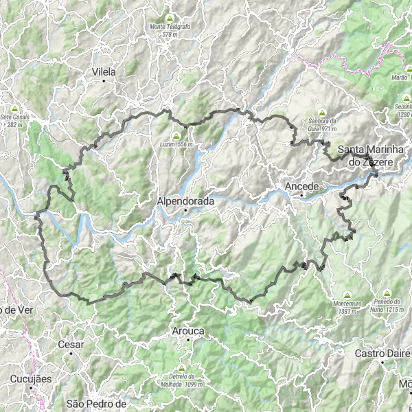 Miniatura do mapa de inspiração para ciclismo "Desafio das Serras e Vales do Douro" em Norte, Portugal. Gerado pelo planejador de rotas de ciclismo Tarmacs.app