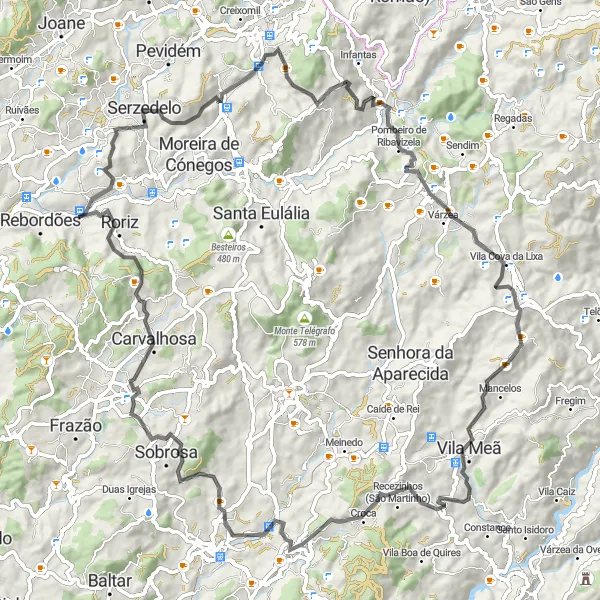 Miniatura do mapa de inspiração para ciclismo "Riba de Ave - Senhora do Monte - Lixa - Meninas - Riba de Ave" em Norte, Portugal. Gerado pelo planejador de rotas de ciclismo Tarmacs.app