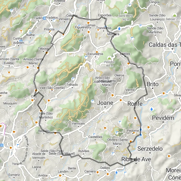 Map miniature of "Road Cycling Adventure near Riba de Ave" cycling inspiration in Norte, Portugal. Generated by Tarmacs.app cycling route planner