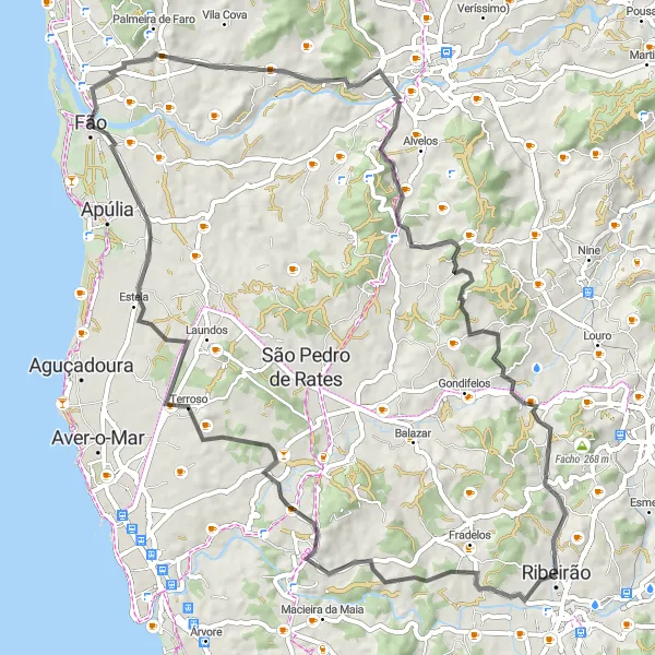 Miniatura do mapa de inspiração para ciclismo "Roteiro de Ciclismo de Ribeirão" em Norte, Portugal. Gerado pelo planejador de rotas de ciclismo Tarmacs.app