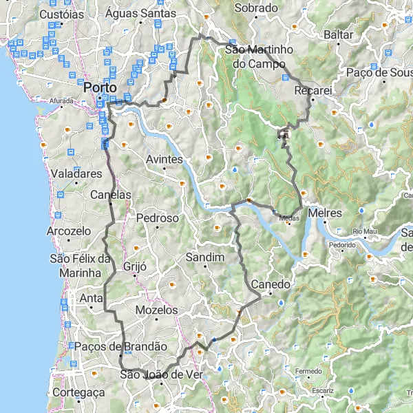 Miniatura do mapa de inspiração para ciclismo "Aventura Pelas Colinas de Canelas" em Norte, Portugal. Gerado pelo planejador de rotas de ciclismo Tarmacs.app