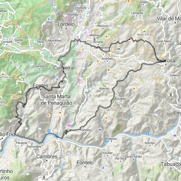 Miniatura do mapa de inspiração para ciclismo "Desafio Estrada Real de Sabrosa" em Norte, Portugal. Gerado pelo planejador de rotas de ciclismo Tarmacs.app