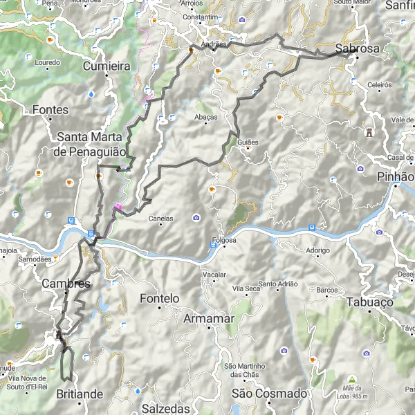 Miniatura do mapa de inspiração para ciclismo "Desafio das Montanhas do Douro" em Norte, Portugal. Gerado pelo planejador de rotas de ciclismo Tarmacs.app