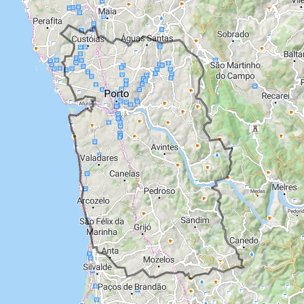Miniatura do mapa de inspiração para ciclismo "Rota desafiante de estrada até Espinho" em Norte, Portugal. Gerado pelo planejador de rotas de ciclismo Tarmacs.app